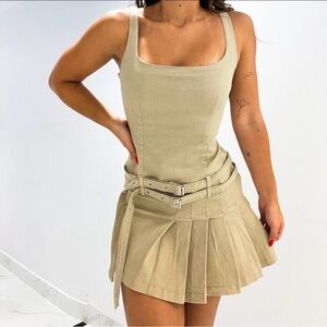 Beige Pleated Mini Skirt with Back Zipper and Adjustable Belts